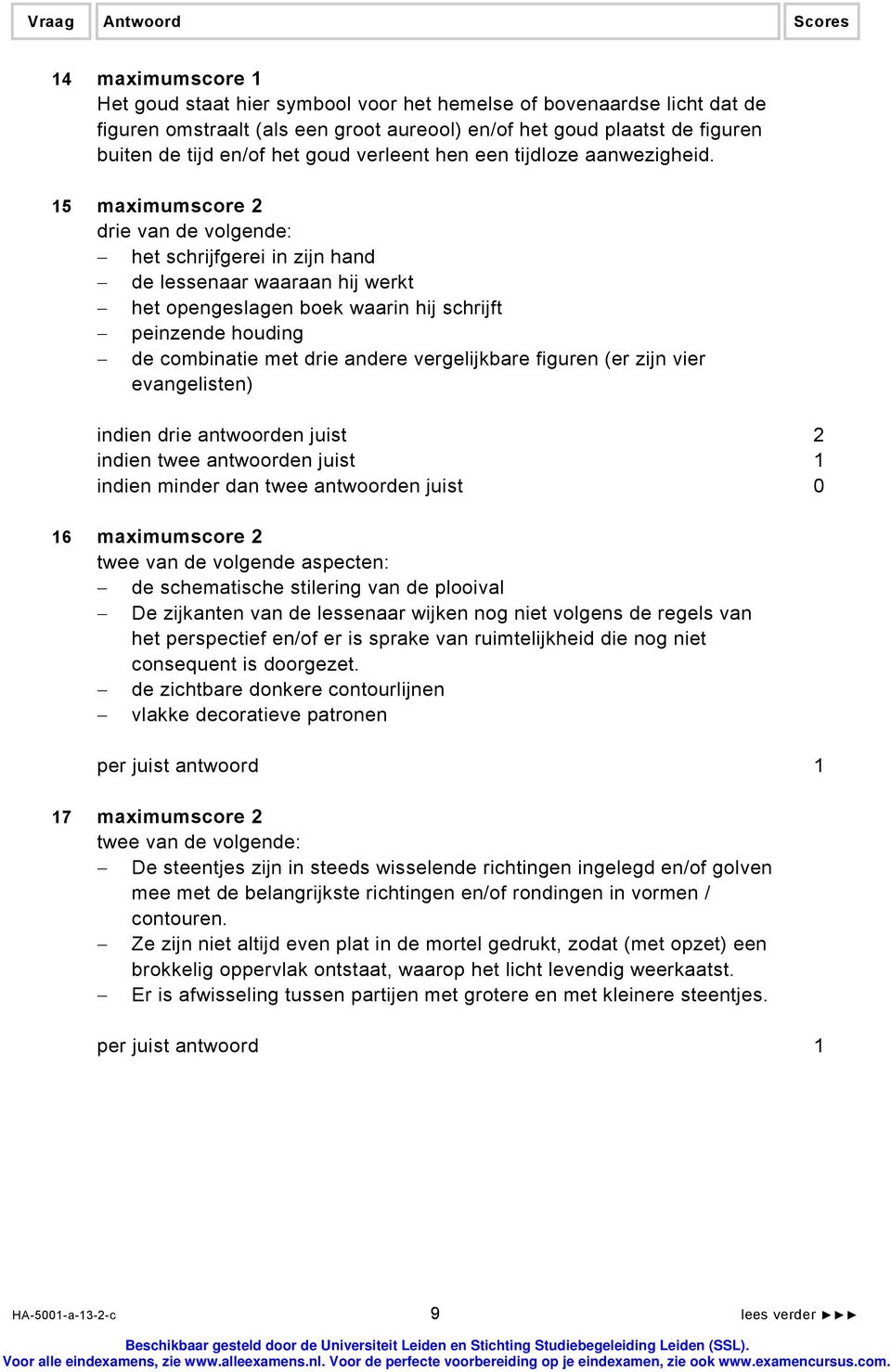 15 maximumscore 2 het schrijfgerei in zijn hand de lessenaar waaraan hij werkt het opengeslagen boek waarin hij schrijft peinzende houding de combinatie met drie andere vergelijkbare figuren (er zijn