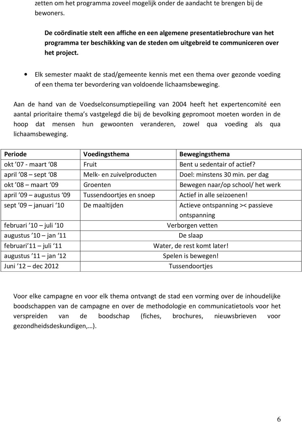 Elk semester maakt de stad/gemeente kennis met een thema over gezonde voeding of een thema ter bevordering van voldoende lichaamsbeweging.