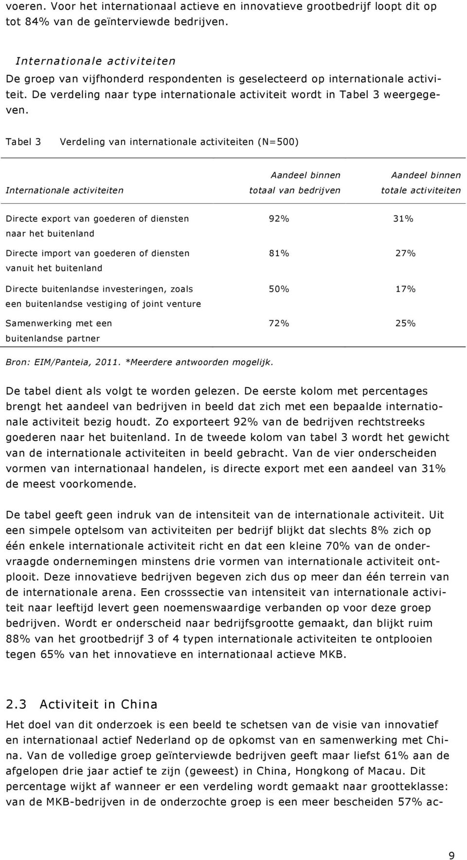 Tabel 3 Verdeling van internationale activiteiten (N=500) Internationale activiteiten Aandeel binnen totaal van bedrijven Aandeel binnen totale activiteiten Directe export van goederen of diensten