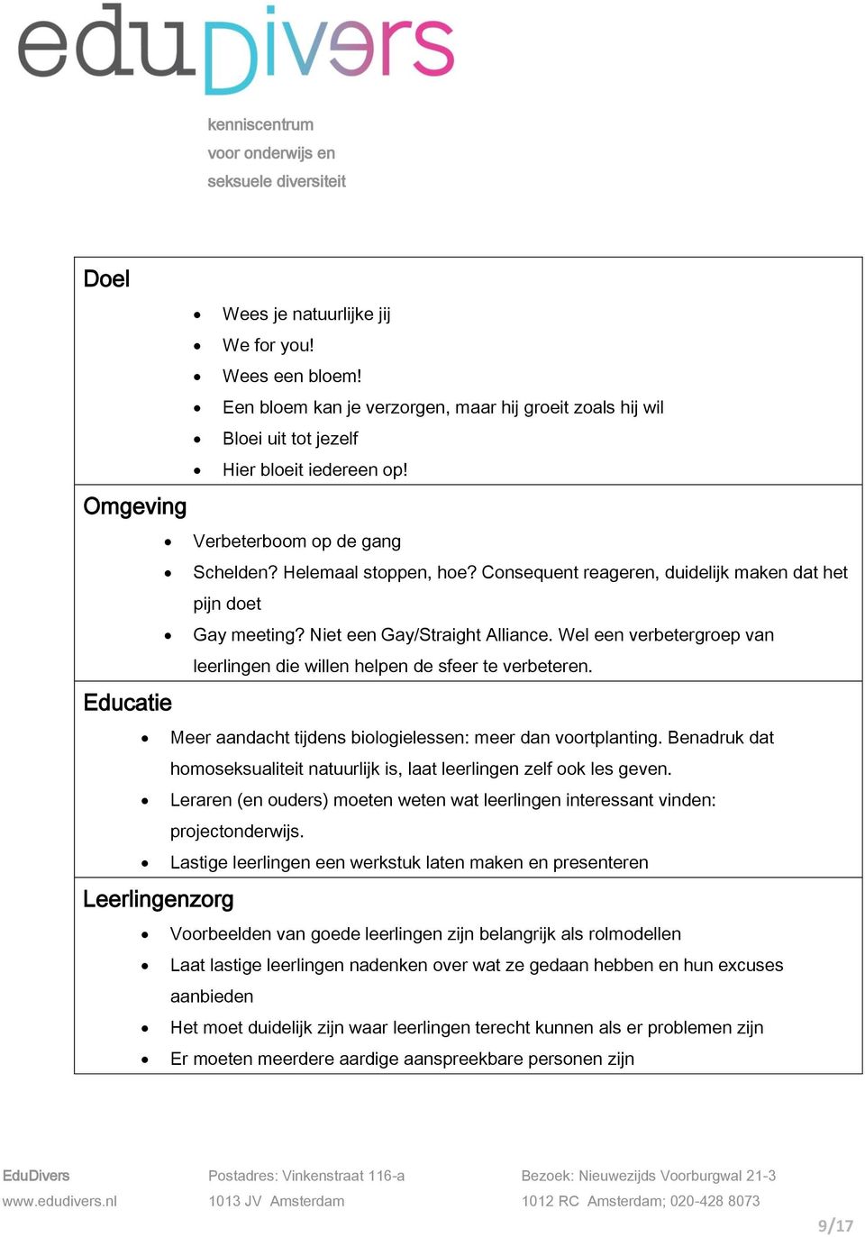 Wel een verbetergroep van leerlingen die willen helpen de sfeer te verbeteren. Meer aandacht tijdens biologielessen: meer dan voortplanting.