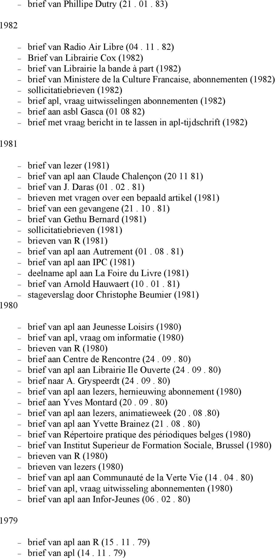 uitwisselingen abonnementen (1982) brief aan asbl Gasca (01 08 82) brief met vraag bericht in te lassen in apl-tijdschrift (1982) brief van lezer (1981) brief van apl aan Claude Chalençon (20 11 81)