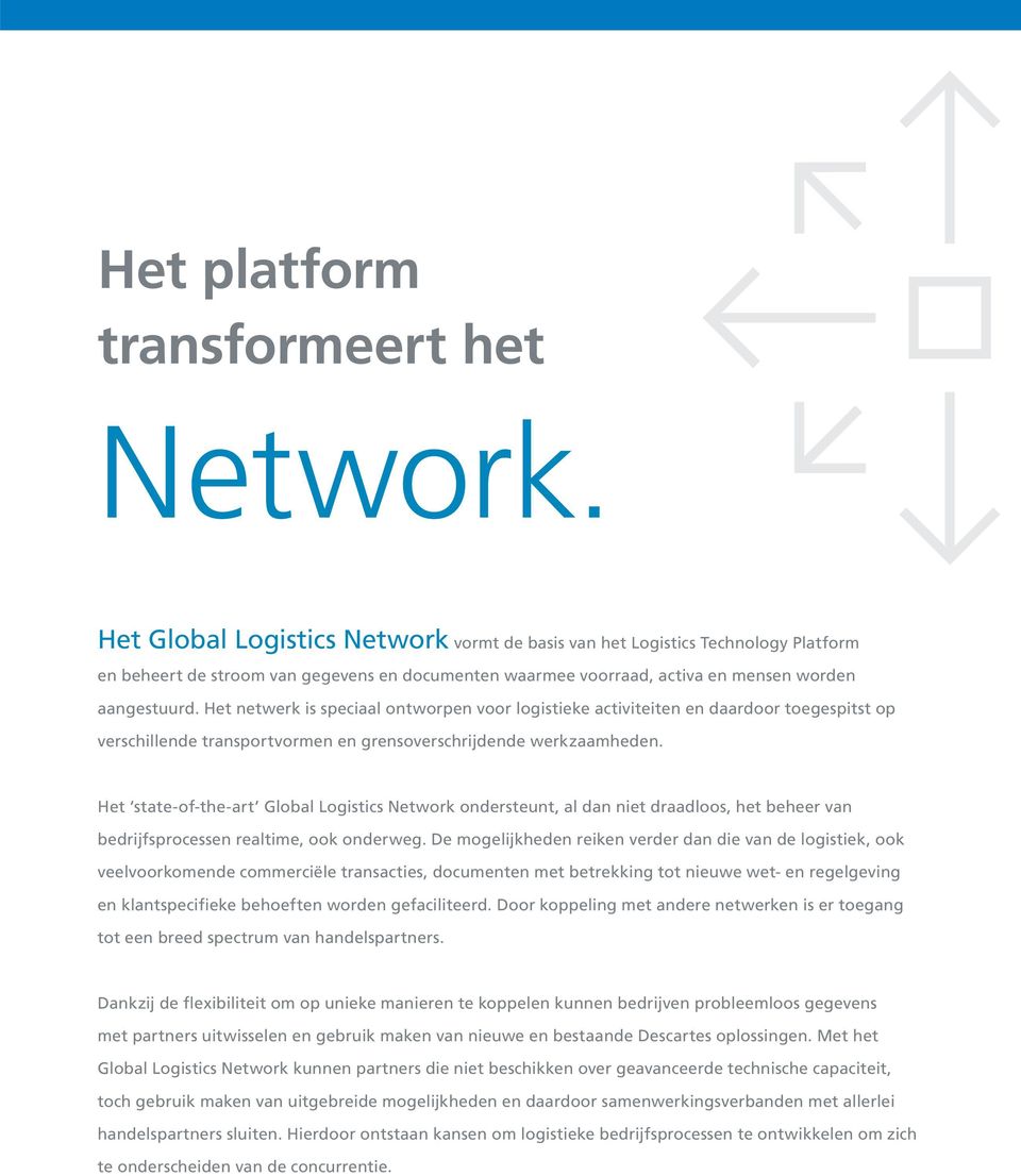 Het netwerk is speciaal ontworpen voor logistieke activiteiten en daardoor toegespitst op verschillende transportvormen en grensoverschrijdende werkzaamheden.