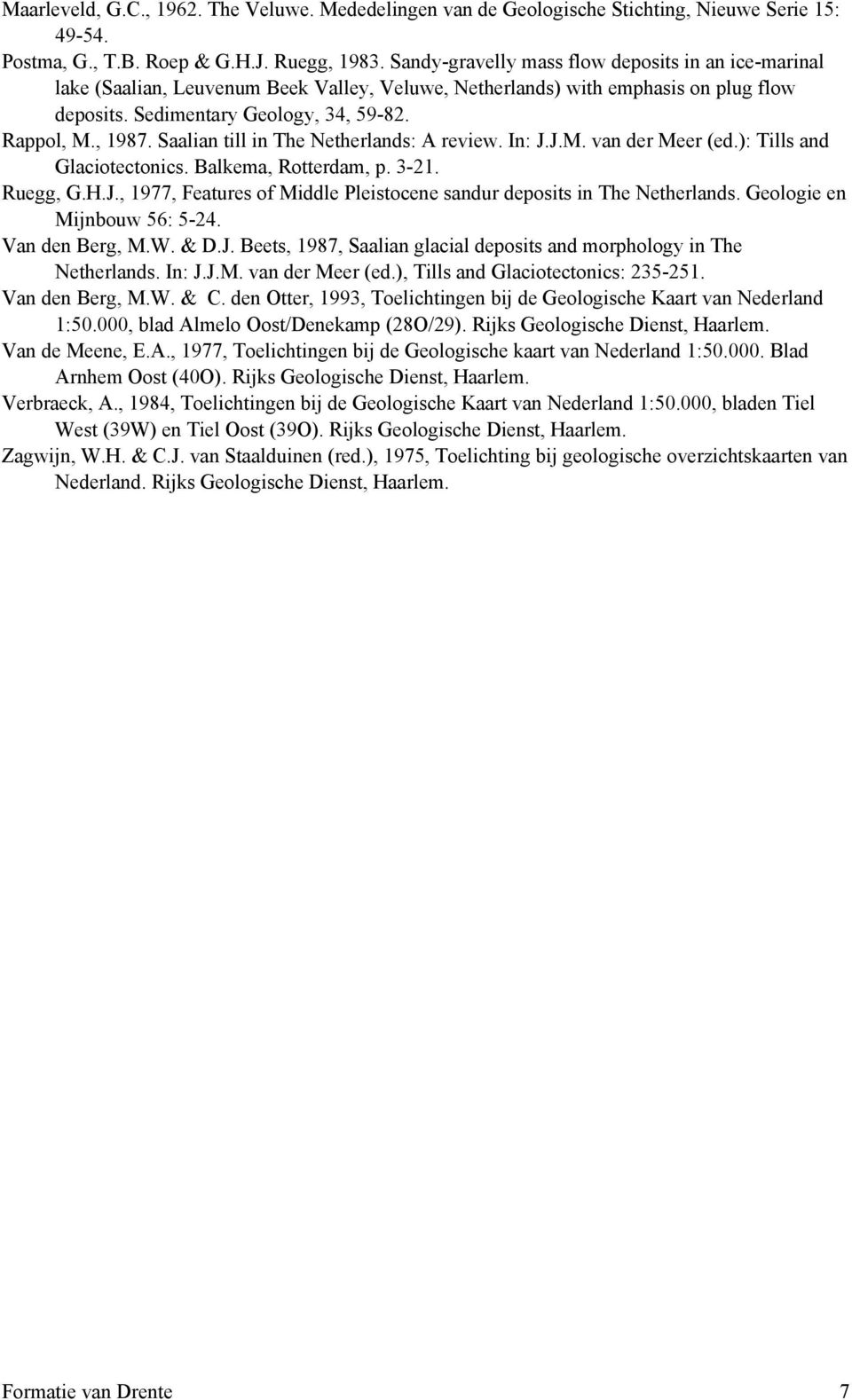 Saalian till in The Netherlands: A review. In: J.J.M. van der Meer (ed.): Tills and Glaciotectonics. Balkema, Rotterdam, p. 3-21. Ruegg, G.H.J., 1977, Features of Middle Pleistocene sandur deposits in The Netherlands.