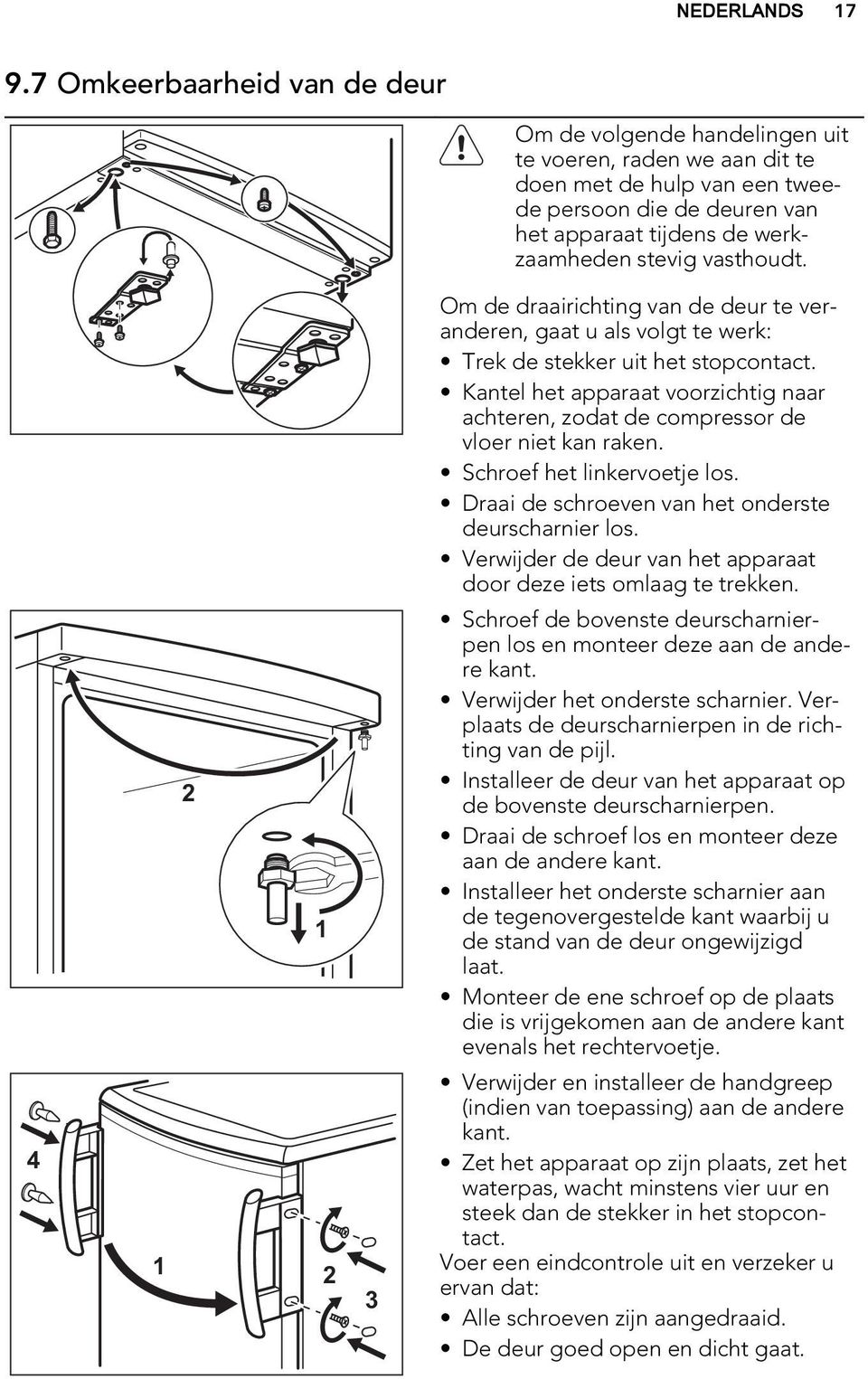 vasthoudt. Om de draairichting van de deur te veranderen, gaat u als volgt te werk: Trek de stekker uit het stopcontact.