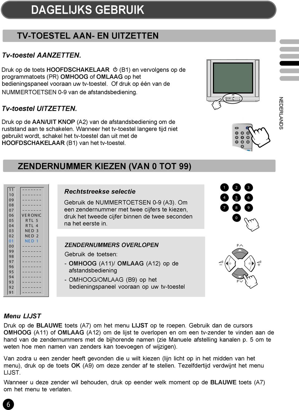 Of druk op één van de NUMMERTOETSEN 0-9 van de afstandsbediening. Tv-toestel UITZETTEN. Druk op de AAN/UIT KNO (A2) van de afstandsbediening om de ruststand aan te schakelen.