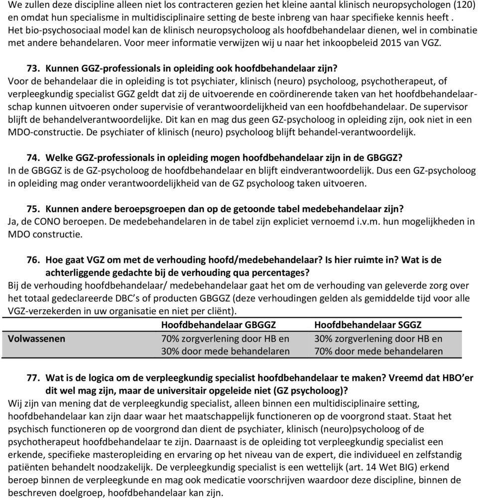 Voor meer informatie verwijzen wij u naar het inkoopbeleid 2015 van VGZ. 73. Kunnen GGZ-professionals in opleiding ook hoofdbehandelaar zijn?