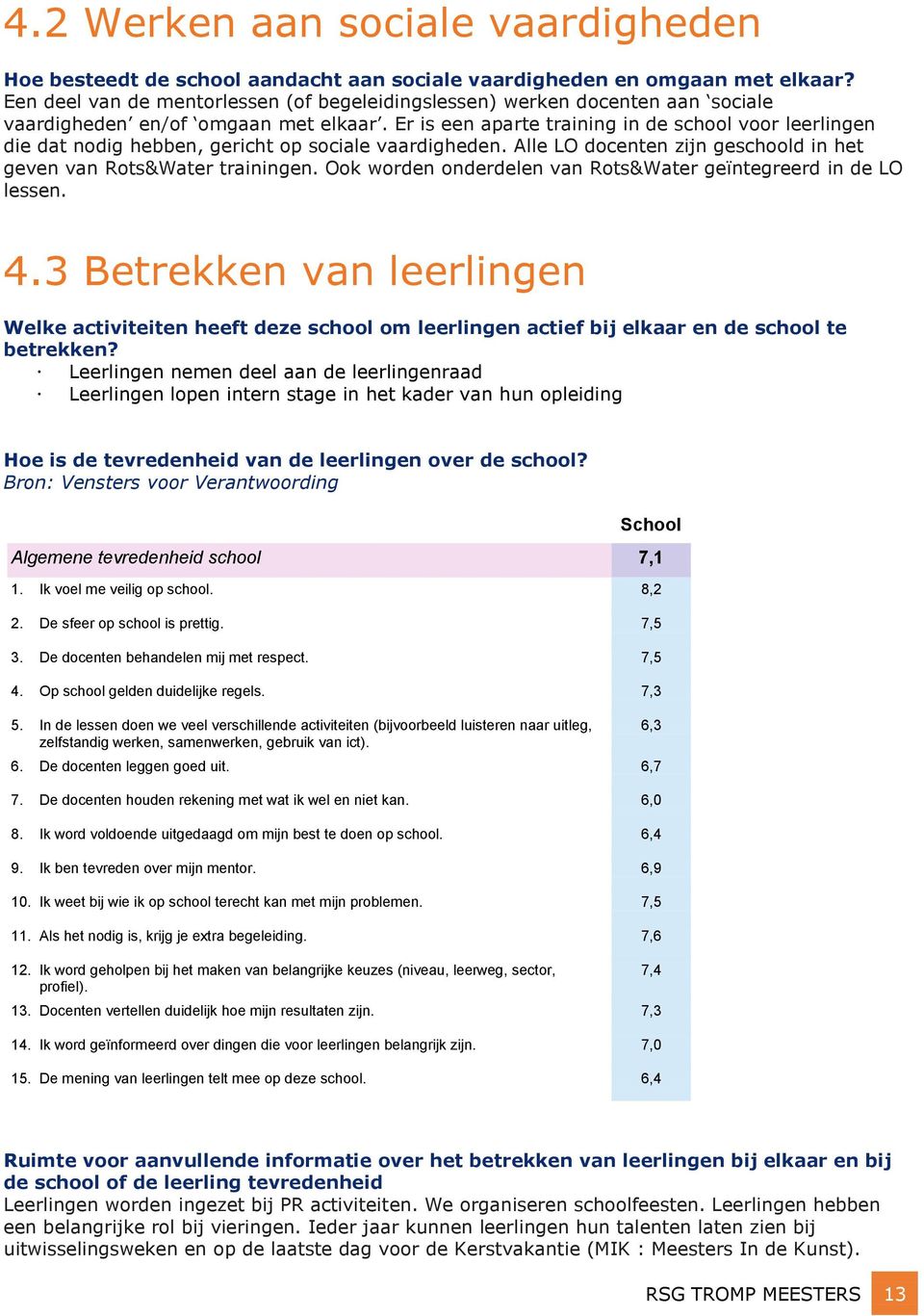 Er is een aparte training in de school voor leerlingen die dat nodig hebben, gericht op sociale vaardigheden. Alle LO docenten zijn geschoold in het geven van Rots&Water trainingen.