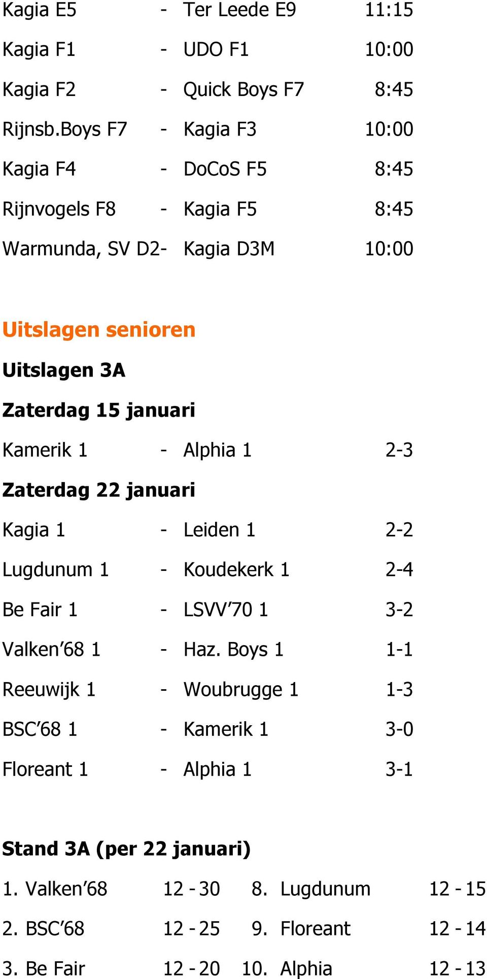 15 januari Kamerik 1 - Alphia 1 2-3 Zaterdag 22 januari Kagia 1 - Leiden 1 2-2 Lugdunum 1 - Koudekerk 1 2-4 Be Fair 1 - LSVV 70 1 3-2 Valken 68 1 - Haz.