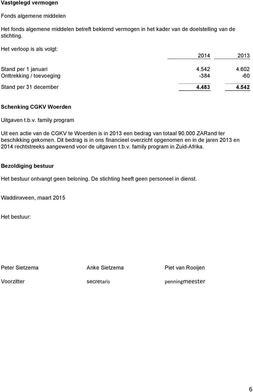 000 ZARand ter beschikking gekomen. Dit bedrag is in ons financieel overzicht opgenomen en in de jaren 2013 en 2014 rechtstreeks aangewend voor de uitgaven t.b.v. family program in Zuid-Afrika.