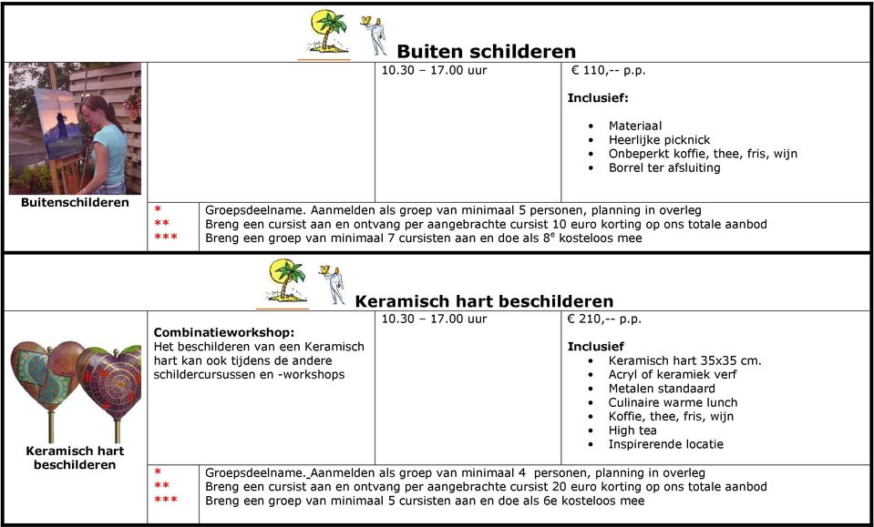 cursisten aan en doe als 8 e kosteloos mee Keramisch hart beschilderen Combinatieworkshop: Het beschilderen van een Keramisch hart kan ook tijdens de andere schildercursussen en -workshops Keramisch