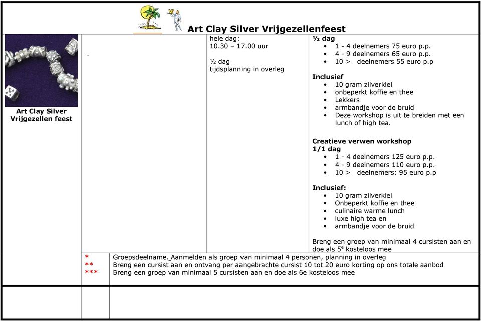 Creatieve verwen workshop 1/1 dag 1-4 deelnemers 125 euro p.p. 4-9 deelnemers 110 euro p.p. 10 > deelnemers: 95 euro p.