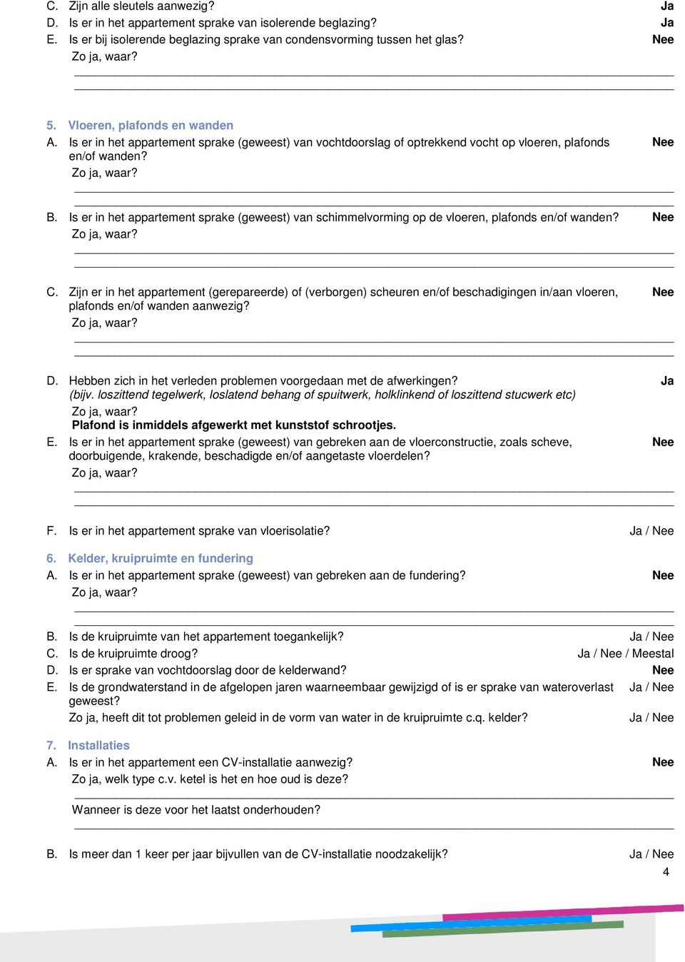 Is er in het appartement sprake (geweest) van schimmelvorming op de vloeren, plafonds en/of wanden? Nee C.