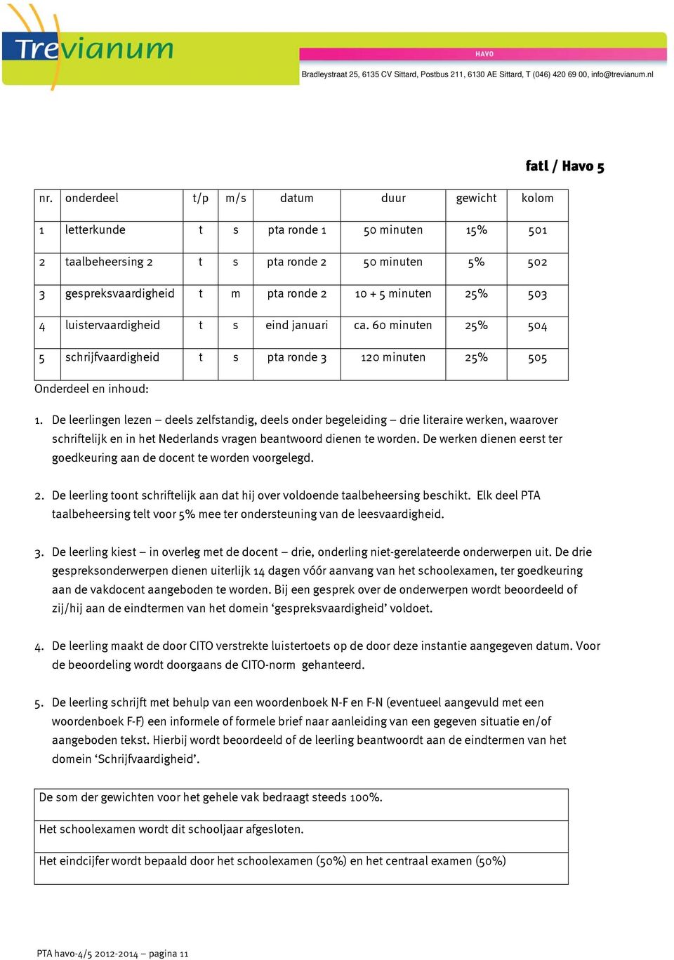 25% 503 4 luistervaardigheid t s eind januari ca. 60 minuten 25% 504 5 schrijfvaardigheid t s pta ronde 3 120 minuten 25% 505 1.