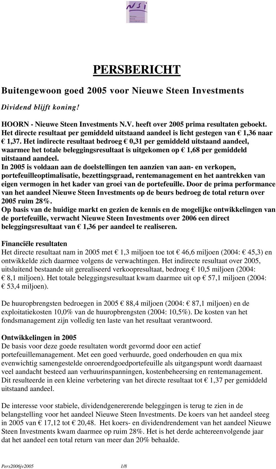 Het indirecte resultaat bedroeg 0,31 per gemiddeld uitstaand aandeel, waarmee het totale beleggingsresultaat is uitgekomen op 1,68 per gemiddeld uitstaand aandeel.