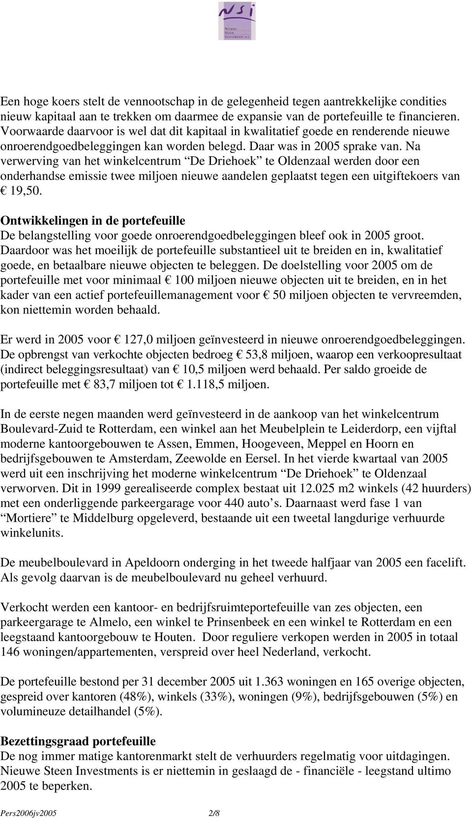 Na verwerving van het winkelcentrum De Driehoek te Oldenzaal werden door een onderhandse emissie twee miljoen nieuwe aandelen geplaatst tegen een uitgiftekoers van 19,50.