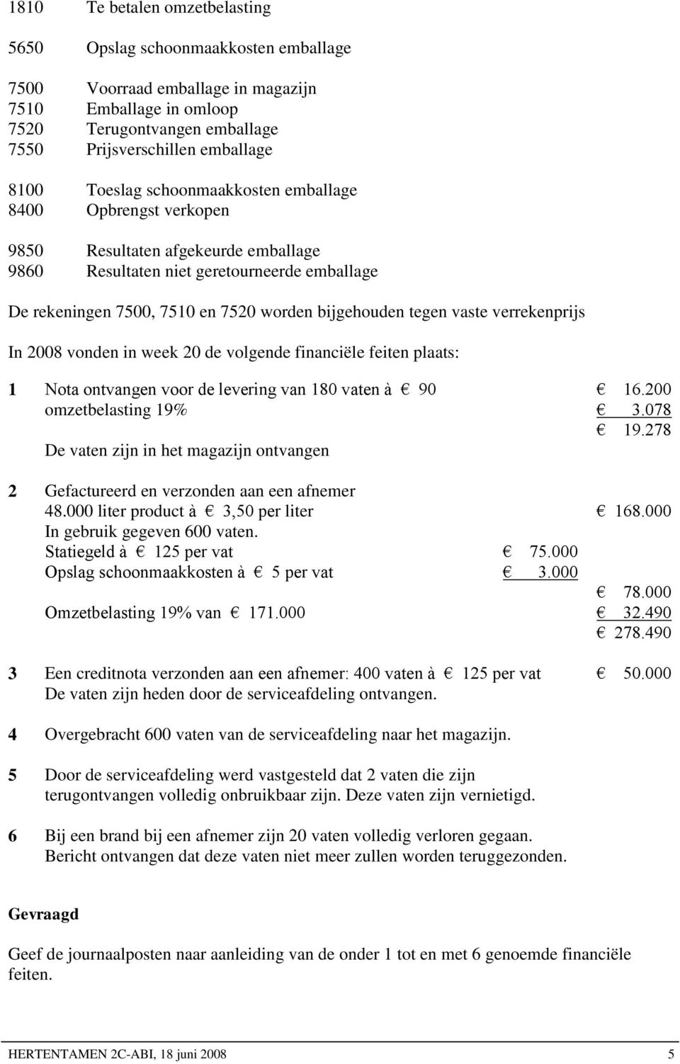 vaste verrekenprijs In 2008 vonden in week 20 de volgende financiële feiten plaats: 1 Nota ontvangen voor de levering van 180 vaten à 90 16.200 omzetbelasting 19% 3.078 19.