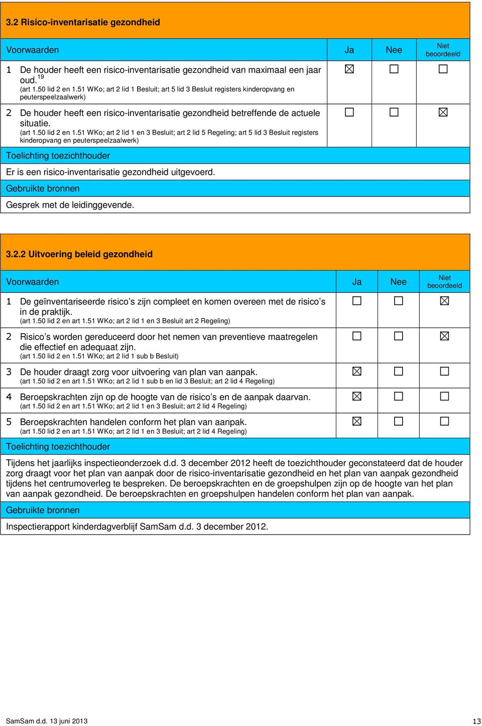 50 lid 2 en 1.51 WKo; art 2 lid 1 en 3 Besluit; art 2 lid 5 Regeling; art 5 lid 3 Besluit registers kinderopvang en peuterspeelzaalwerk) Er is een risico-inventarisatie gezondheid uitgevoerd.