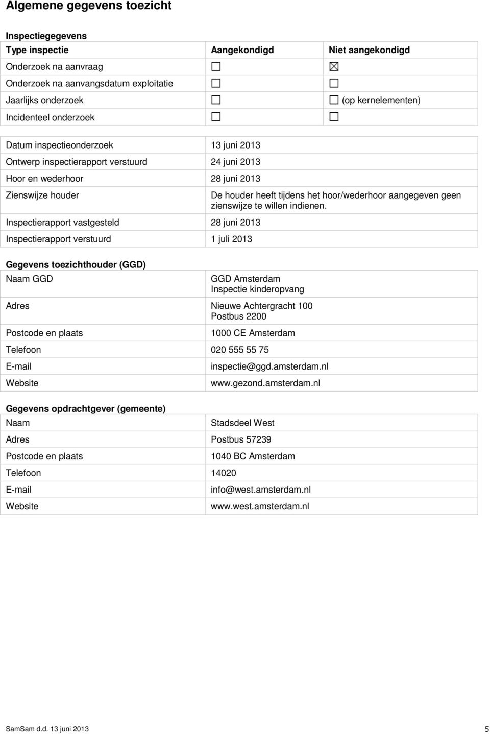 Inspectierapport verstuurd 1 juli 2013 De houder heeft tijdens het hoor/wederhoor aangegeven geen zienswijze te willen indienen.