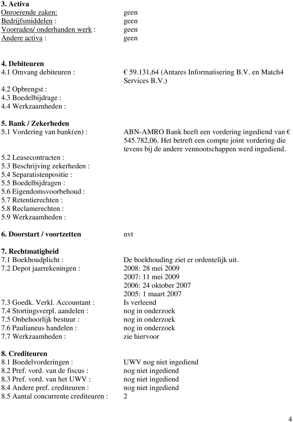 Het betreft een compte joint vordering die tevens bij de andere vennootschappen werd ingediend. 5.2 Leasecontracten : 5.3 Beschrijving zekerheden : 5.4 Separatistenpositie : 5.5 Boedelbijdragen : 5.