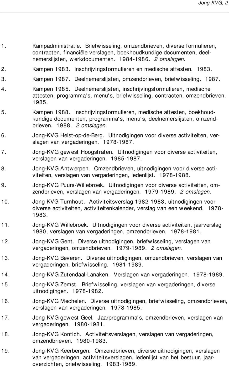 Deelnemerslijsten, inschrijvingsformulieren, medische attesten, programma's, menu's, briefwisseling, contracten, omzendbrieven. 1985. 5. Kampen 1988.