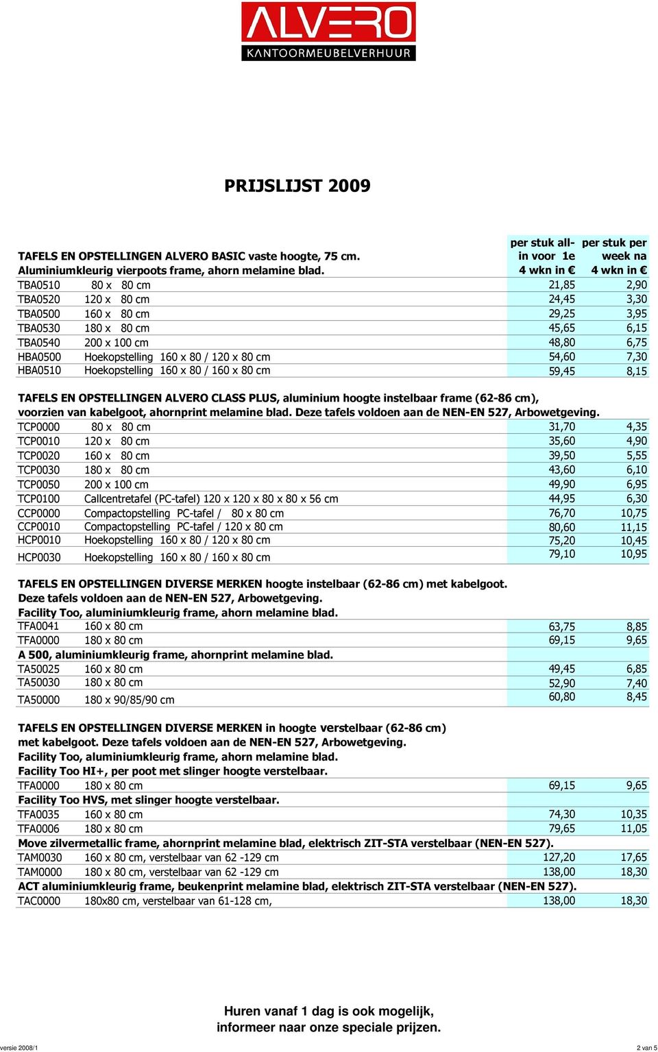 x 80 / 120 x 80 cm 54,60 7,30 HBA0510 Hoekopstelling 160 x 80 / 160 x 80 cm 59,45 8,15 TAFELS EN OPSTELLINGEN ALVERO CLASS PLUS, aluminium hoogte instelbaar frame (62-86 cm), voorzien van kabelgoot,