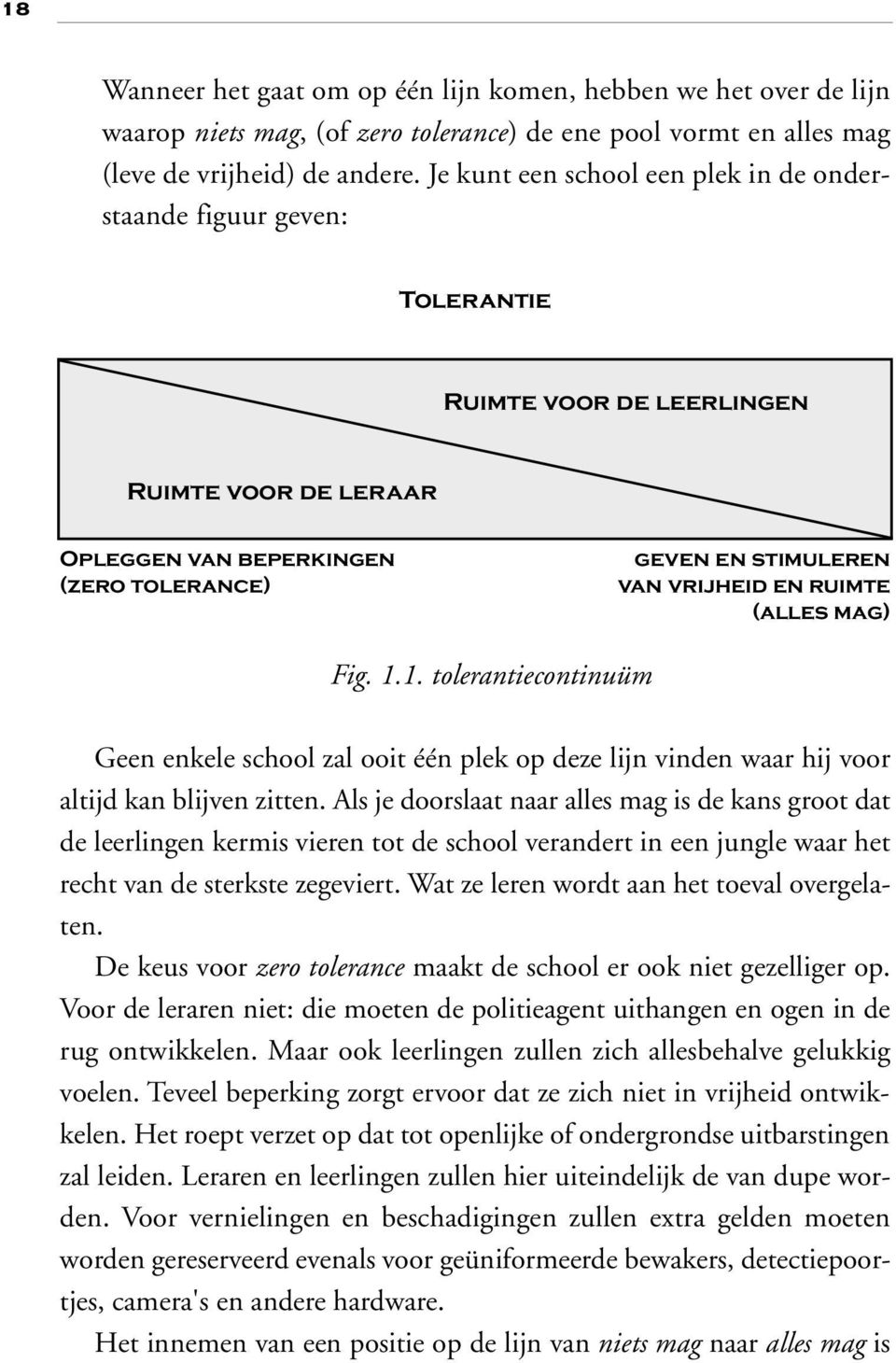 ruimte (alles mag) Fig. 1.1. tolerantiecontinuüm Geen enkele school zal ooit één plek op deze lijn vinden waar hij voor altijd kan blijven zitten.