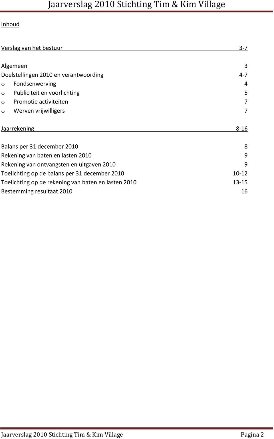 baten en lasten 2010 9 Rekening van ontvangsten en uitgaven 2010 9 Toelichting op de balans per 31 december 2010 10-12