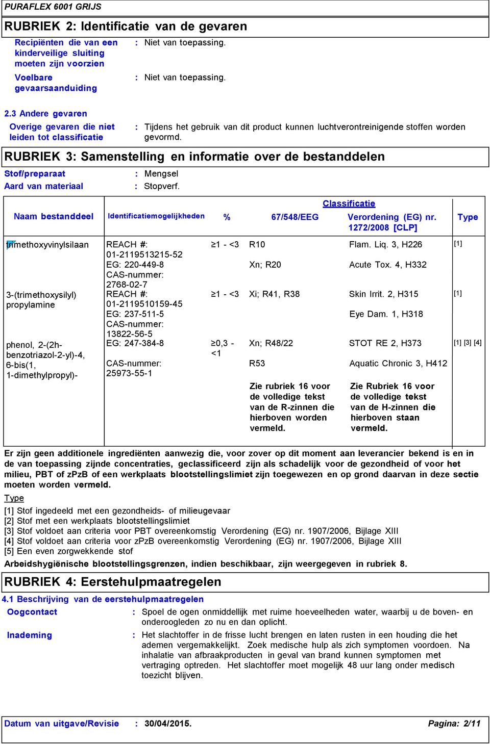 Naam bestanddeel trimethoxyvinylsilaan 3-(trimethoxysilyl) propylamine phenol, 2-(2hbenzotriazol-2-yl)-4, 6-bis(1, 1-dimethylpropyl)- Classificatie Identificatiemogelijkheden % 67/548/EEG Verordening