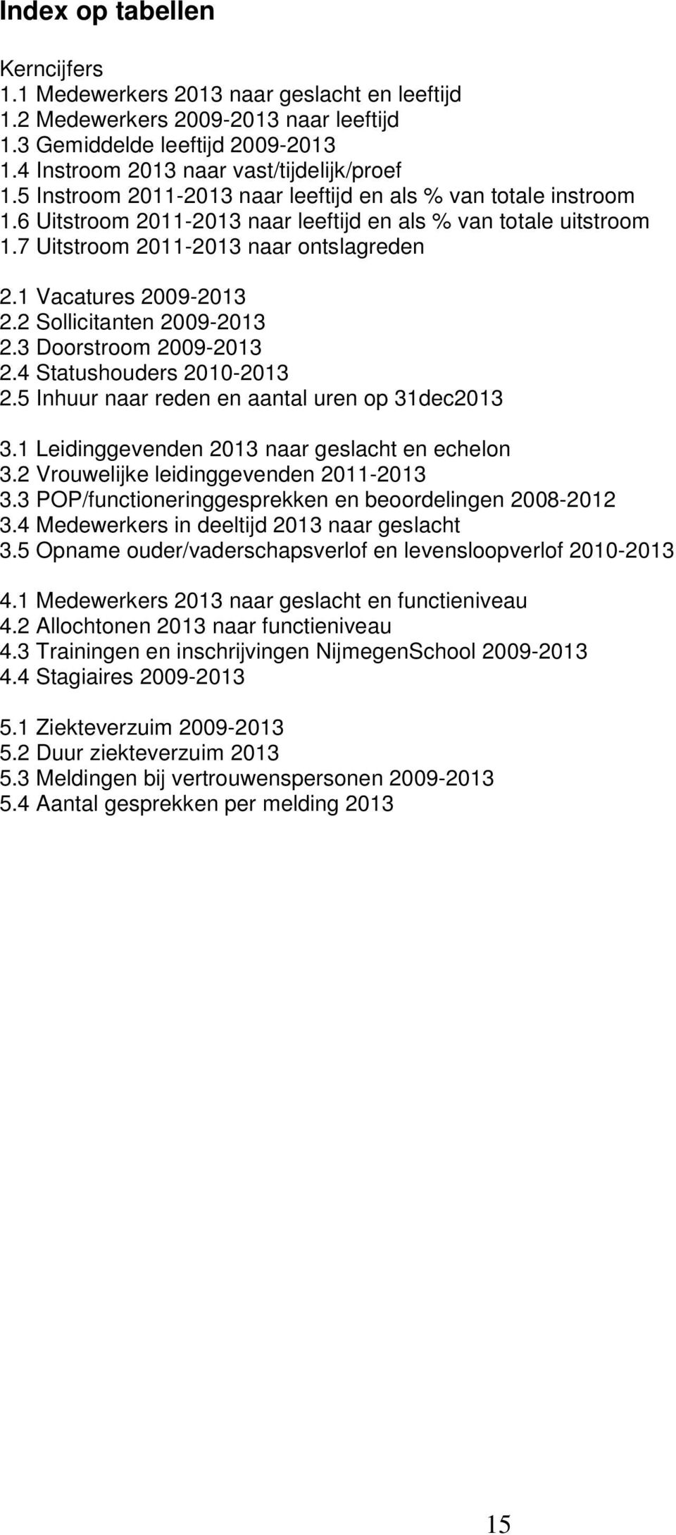 2 Sollicitanten 2009-2013 2.3 Doorstroom 2009-2013 2.4 Statushouders 2010-2013 2.5 Inhuur naar reden en uren op 31dec2013 3.1 Leidinggevenden 2013 naar geslacht en echelon 3.