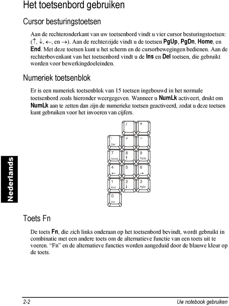 Aan de rechterbovenkant van het toetsenbord vindt u de Ins en Del toetsen, die gebruikt worden voor bewerkingdoeleinden.