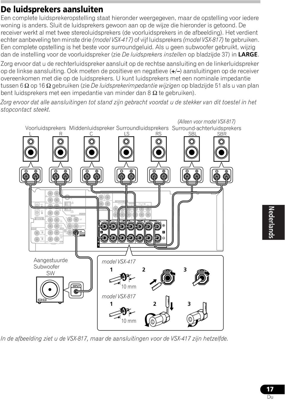 Het verdient echter aanbeveling ten minste drie (model VSX-417) of vijf luidsprekers (model VSX-817) te gebruiken. Een complete opstelling is het beste voor surroundgeluid.