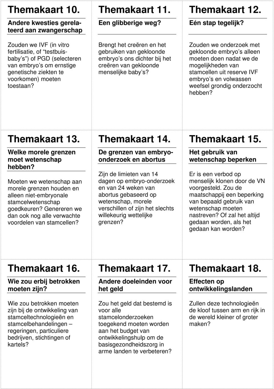 Themakaart 11. Een glibberige weg? Brengt het creëren en het gebruiken van gekloonde embryo s ons dichter bij het creëren van gekloonde menselijke baby s? Themakaart 12. Eén stap tegelijk?