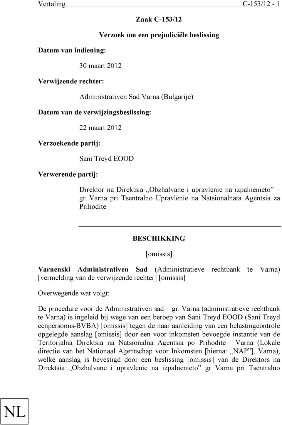 Varna pri Tsentralno Upravlenie na Natsionalnata Agentsia za Prihodite BESCHIKKING [omissis] Varnenski Administrativen Sad (Administratieve rechtbank te Varna) [vermelding van de verwijzende rechter]