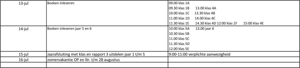 00 klas 5A 13.00 jaar 6 10.30 klas 5B 11.00 klas 5C 11.30 klas 5D 12.