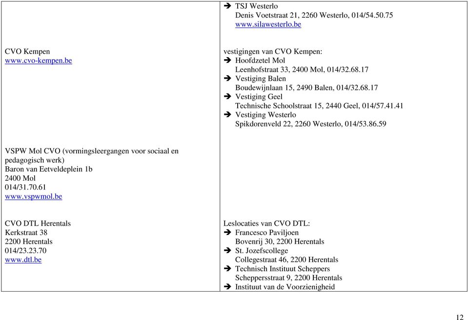59 VSPW Mol CVO (vormingsleergangen voor sociaal en pedagogisch werk) Baron van Eetveldeplein 1b 2400 Mol 014/31.70.61 www.vspwmol.be CVO DTL Herentals Kerkstraat 38 2200 Herentals 014/23.23.70 www.
