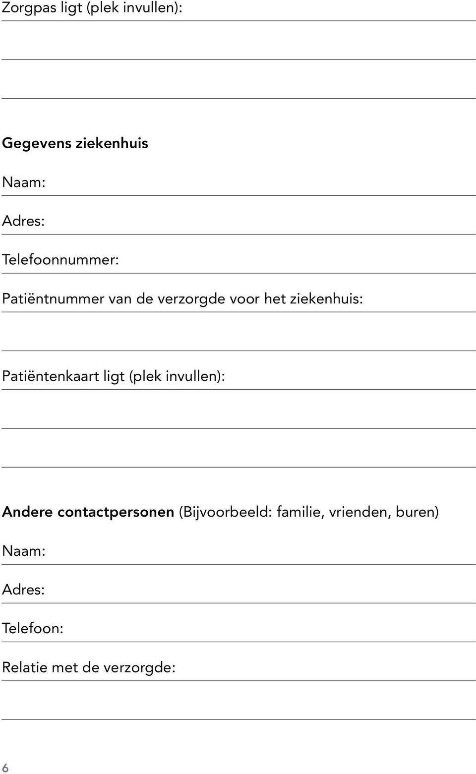 Patiëntenkaart ligt (plek invullen): Andere contactpersonen