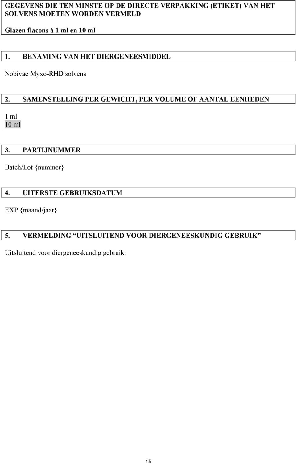 SAMENSTELLING PER GEWICHT, PER VOLUME OF AANTAL EENHEDEN 1 ml 10 ml 3. PARTIJNUMMER Batch/Lot {nummer} 4.