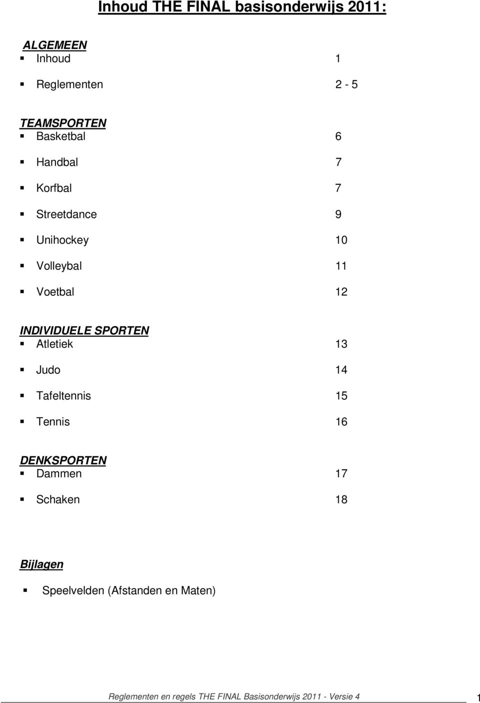 INDIVIDUELE SPORTEN Atletiek 13 Judo 1 Tafeltennis 15 Tennis 16 DENKSPORTEN Dammen 17