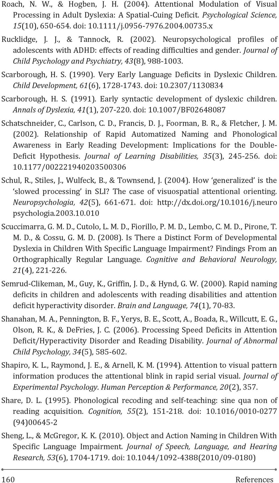 Scarborough, H. S. (1990). Very Early Language Deficits in Dyslexic Children. Child Development, 61(6), 1728-1743. doi: 10.2307/1130834 Scarborough, H. S. (1991).