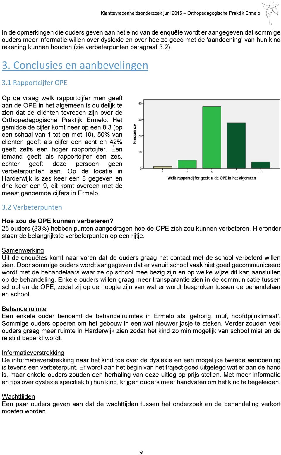 1 Rapportcijfer OPE Op de vraag welk rapportcijfer men geeft aan de OPE in het algemeen is duidelijk te zien dat de cliënten tevreden zijn over de Orthopedagogische Praktijk Ermelo.