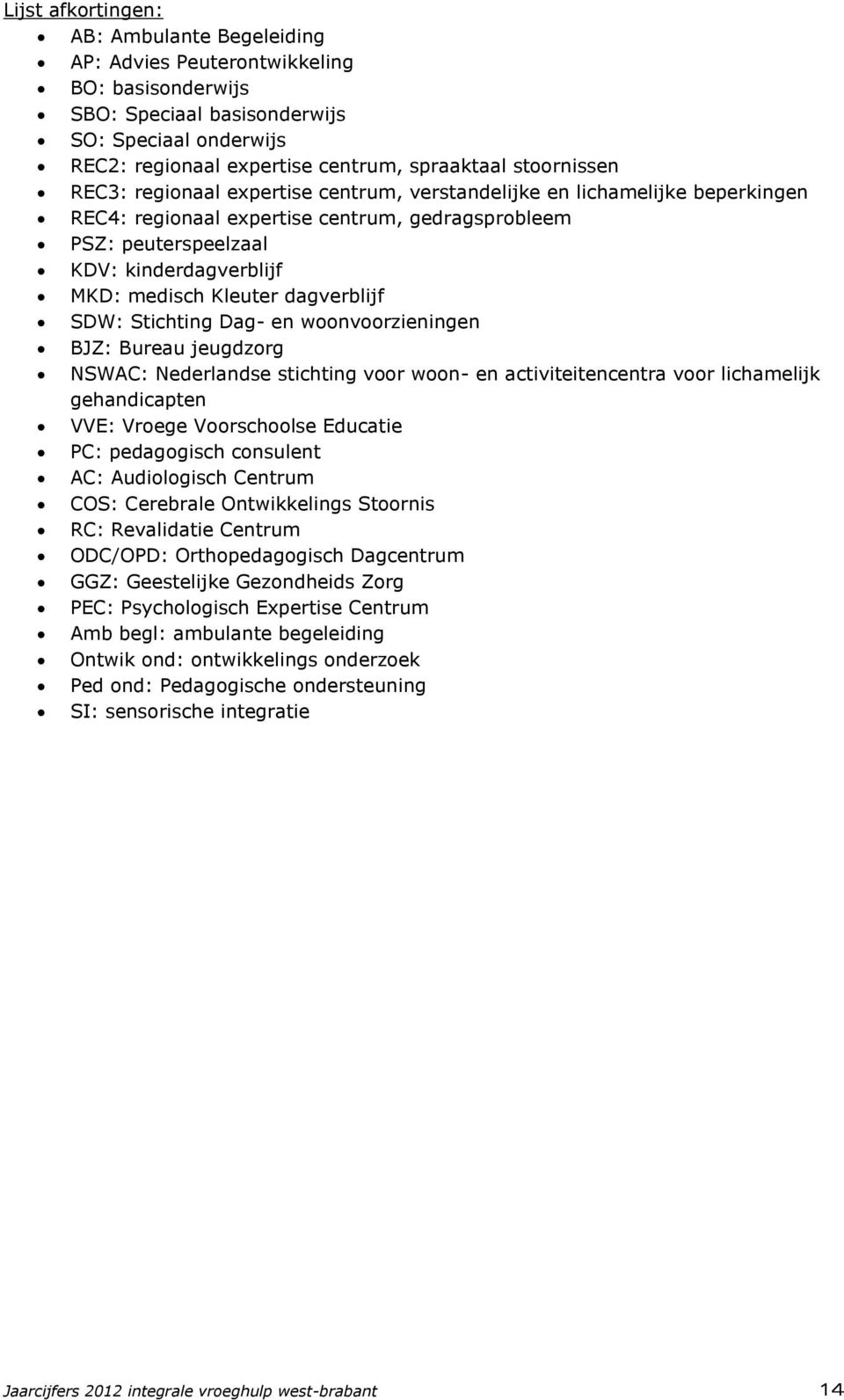 Kleuter dagverblijf SDW: Stichting Dag- en woonvoorzieningen BJZ: Bureau jeugdzorg NSWAC: Nederlandse stichting voor woon- en activiteitencentra voor lichamelijk gehandicapten VVE: Vroege