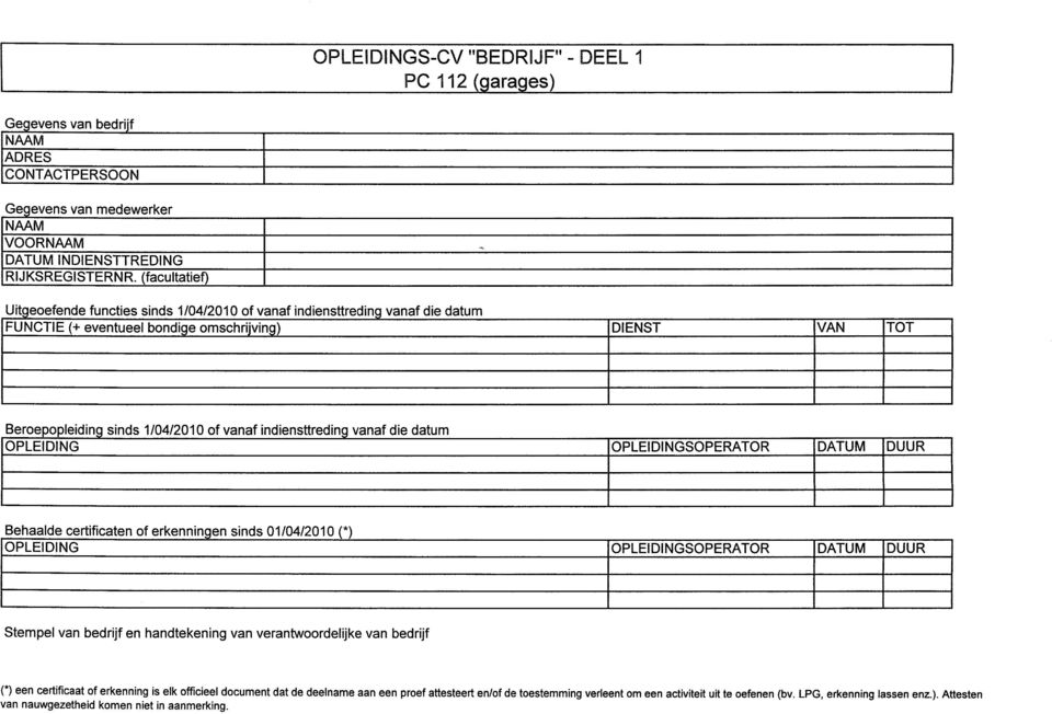 indiensttreding vanaf die datum OPLEIDING OPLEIDINGSOPERATOR DATUM DUUR Behaalde certificaten of erkenningen sinds 01/04/2010 (*) OPLEIDING OPLEIDINGSOPERATOR DATUM DUUR Stempel van bedrijf en