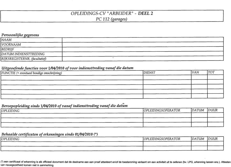 vanaf indiensttreding vanaf die datum OPLEIDING OPLEIDINGSOPERATOR DATUM DUUR Behaalde certificaten of erkenningen sinds 01/04/2010 (*) OPLEIDING OPLEIDINGSOPERATOR DATUM DUUR (*) een