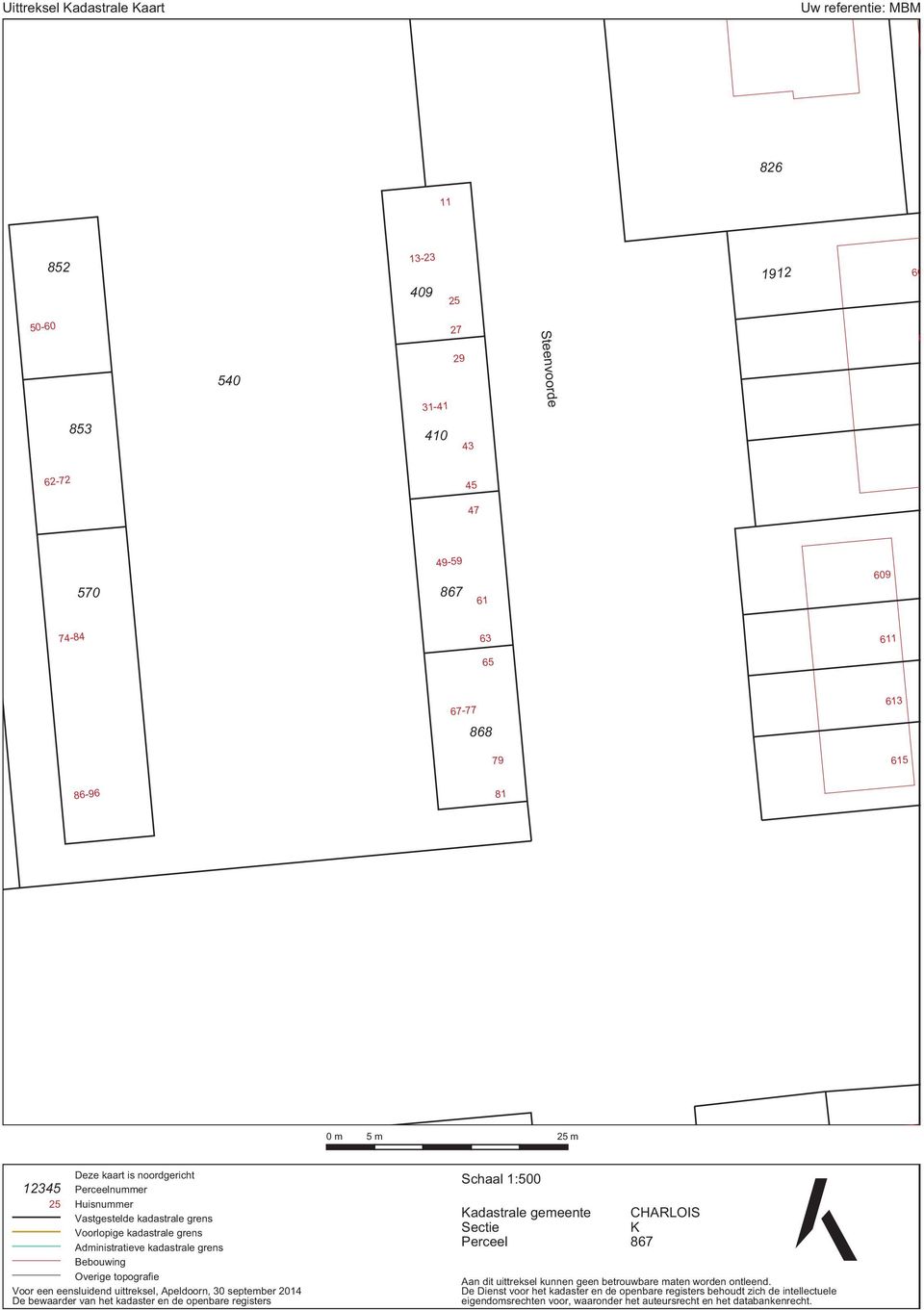 topografie Voor een eensluidend uittreksel, Apeldoorn, 30 september 2014 De bewaarder van het kadaster en de openbare registers Schaal 1:500 Kadastrale gemeente Sectie Perceel CHARLOIS K 867 Aan dit