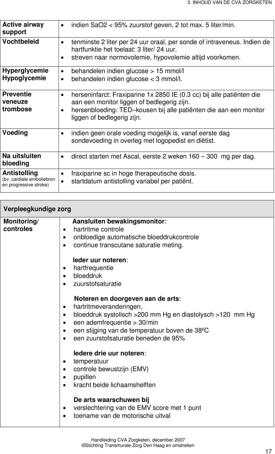 Hyperglycemie Hypoglycemie Preventie veneuze trombose behandelen indien glucose > 15 mmol/l behandelen indien glucose < 3 mmol/l. herseninfarct: Fraxiparine 1x 2850 IE (0.