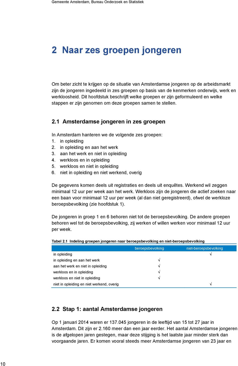 1 Amsterdamse jongeren in zes groepen In Amsterdam hanteren we de volgende zes groepen: 1. in opleiding 2. in opleiding en aan het werk 3. aan het werk en niet in opleiding 4.