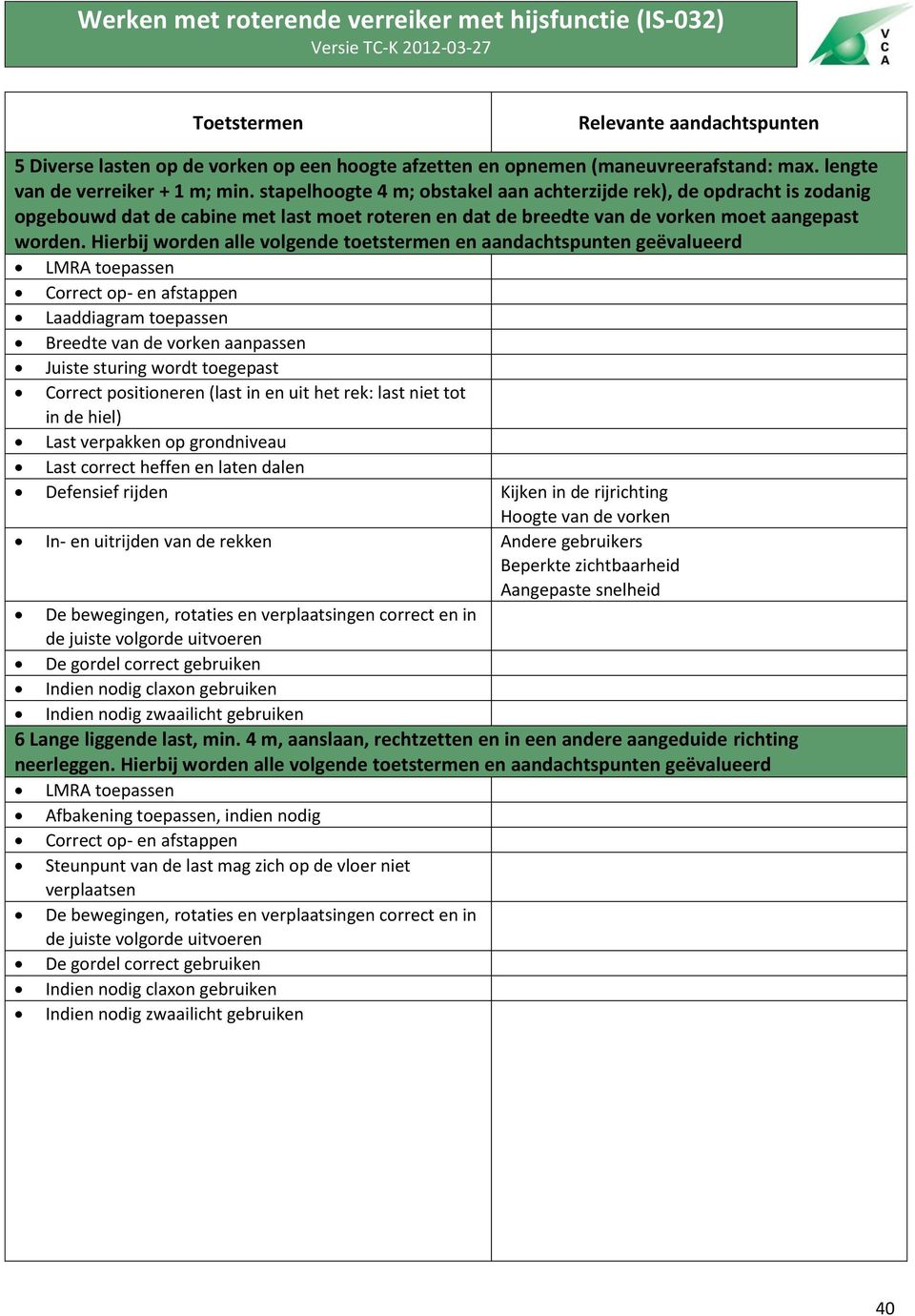 Hierbij worden alle volgende toetstermen en aandachtspunten geëvalueerd LMRA toepassen Laaddiagram toepassen Breedte van de vorken aanpassen Juiste sturing wordt toegepast Correct positioneren (last