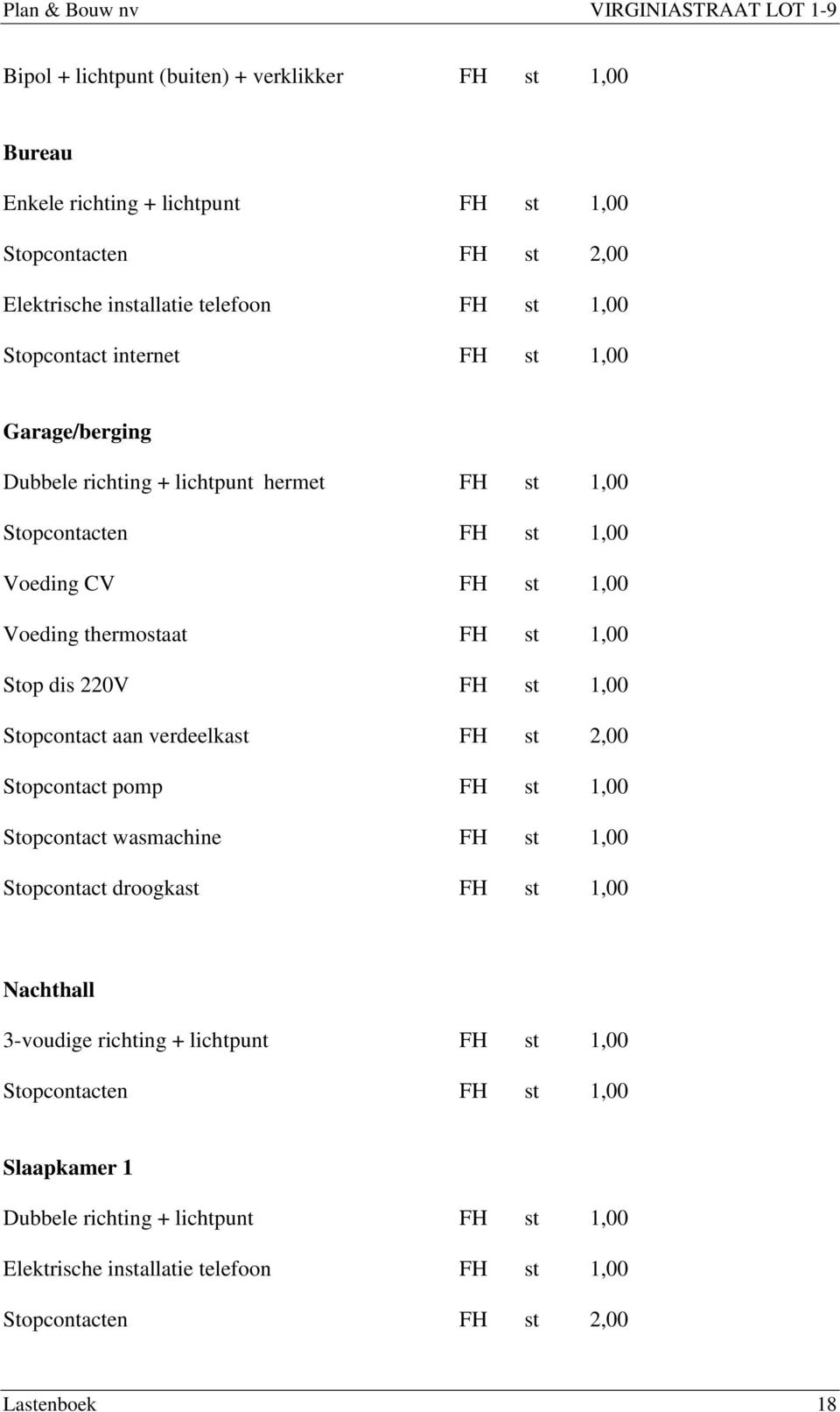 st 1,00 Stopcontact aan verdeelkast FH st 2,00 Stopcontact pomp FH st 1,00 Stopcontact wasmachine FH st 1,00 Stopcontact droogkast FH st 1,00 Nachthall 3-voudige richting +