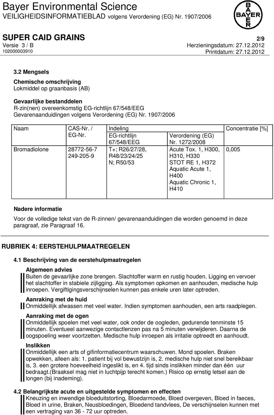 1907/2006 Naam CAS-Nr. / EG-Nr. Bromadiolone 28772-56-7 249-205-9 Indeling Concentratie [%] EG-richtlijn 67/548/EEG Verordening (EG) Nr. 1272/2008 T+; R26/27/28, Acute Tox.