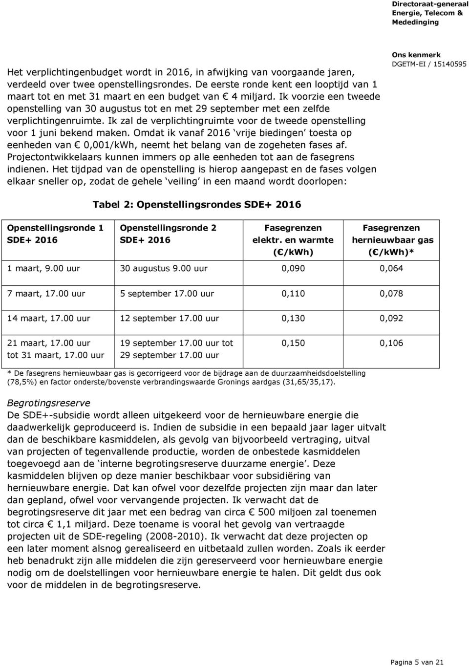 Ik voorzie een tweede openstelling van 30 augustus tot en met 29 september met een zelfde verplichtingenruimte. Ik zal de verplichtingruimte voor de tweede openstelling voor 1 juni bekend maken.